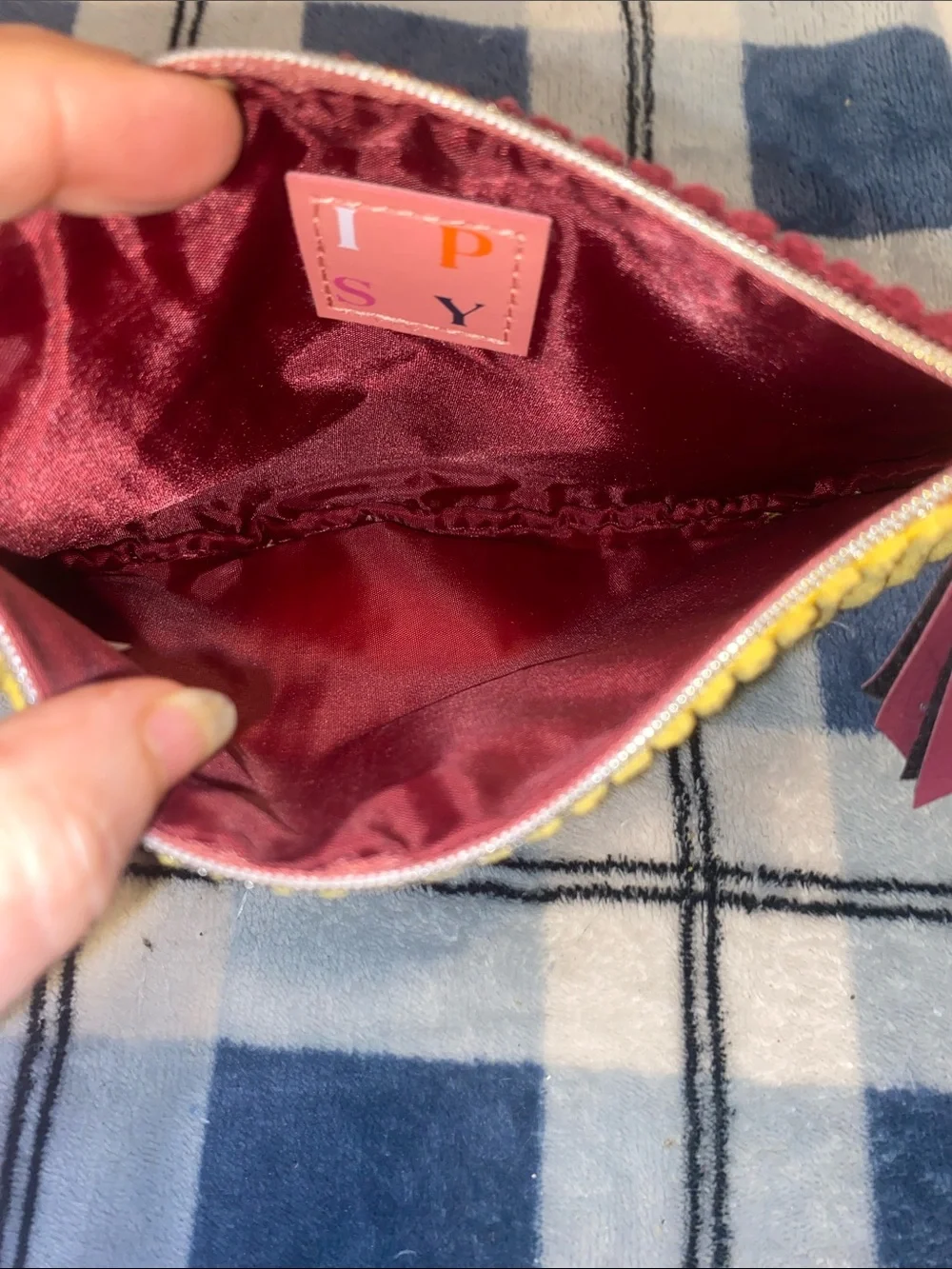 ipsy Yellow Corduroy Half Moon Cosmetic Pouch with Maroon Zip Tab